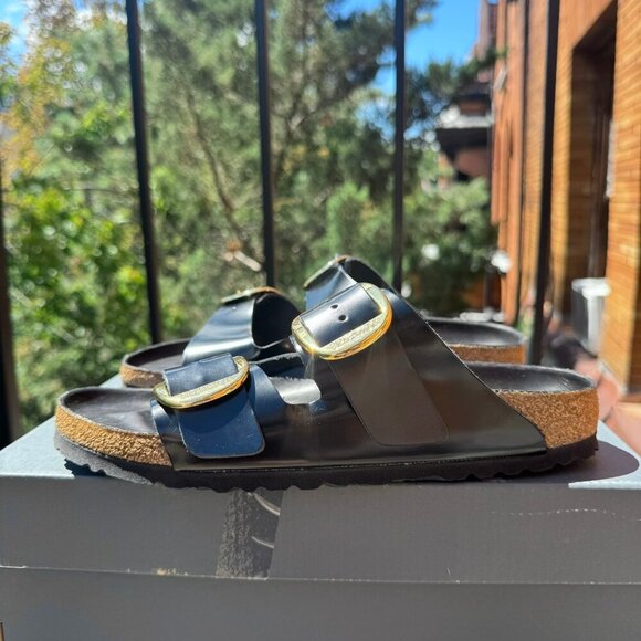New Birkenstock Arizona Big Buckle High Shine Sandals Black Gold US 9 / EUR 40 - Picture 7 of 12